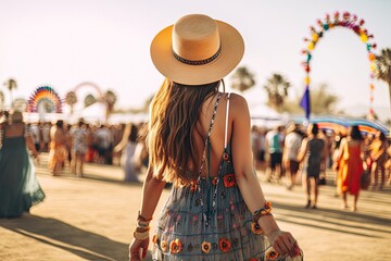 vibrant and bohemian-inspired Coachella festival outfit view from the back, featuring a flowy maxi dress, fringe accessories, a wide-brimmed hat, music festival - Generative AI - obrazy, fototapety, plakaty