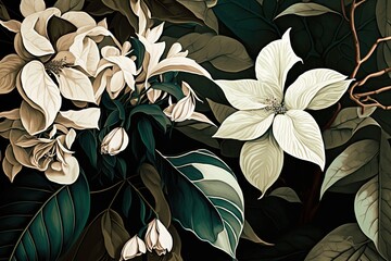 Naklejka premium In a painting, flowers and leaves blend seamlessly. For items like apparel, wall art, and other. Generative AI
