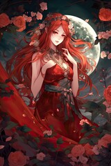 Fototapeta premium Japanese cartoon anime girl in a dress in a flower field on a full moon made with generative AI