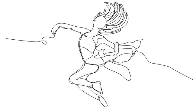 Self-drawing a jumping ballerina in one line on a white background. Animation of a minimalist dancer in a tutu. Stock 4k video of dancing with alpha channel.