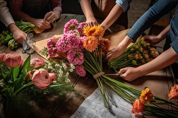 Obraz na płótnie Canvas flowers being cut and placed on a wooden table with people in the background cutting them into bouquets to make their own. Generative AI