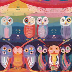 Obraz premium Owl Seamless Pattern Colorful Rainbow Generative AI