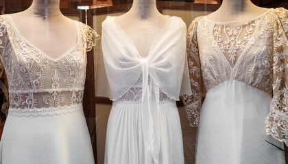 Strasbourg, France - December 13, 2022: Fashion store with white light dresses for women