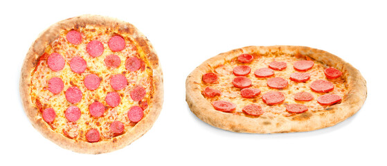 Tasty pizza with pepperoni on white background