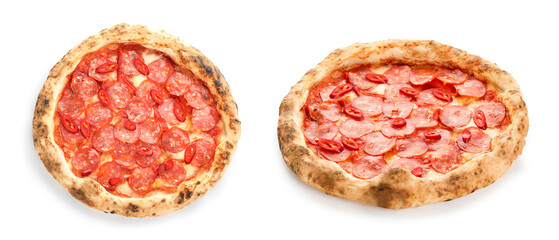 Tasty pizza with pepperoni on white background