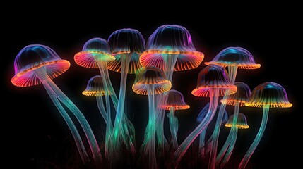 Neon Mushrooms on a Black Background: An Unearthly and Glowing Artificial Intelligence Concept, Generative AI