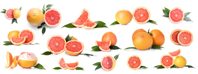 Set of ripe grapefruits on white background