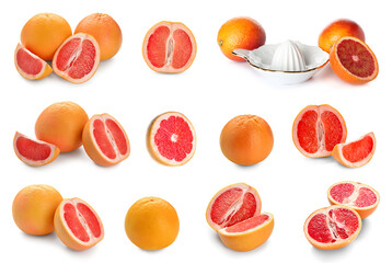 Set of ripe grapefruits on white background