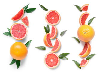 Set of ripe grapefruits on white background, top view