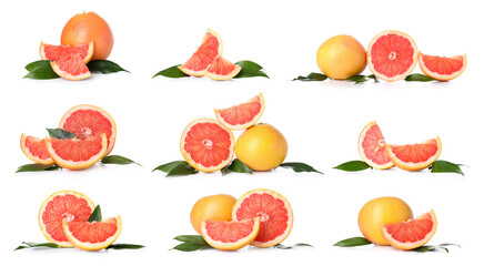 Set of ripe grapefruits on white background