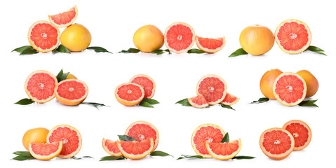 Set of many ripe grapefruits on white background
