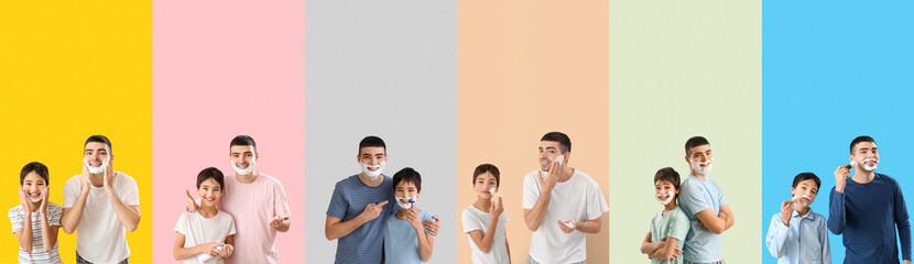 Set of father and his little son shaving against color background