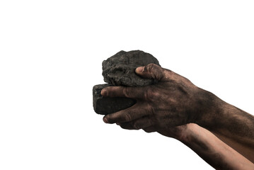 Kawałki węgla trzymane w brudnych rękach mężczyzny. - obrazy, fototapety, plakaty