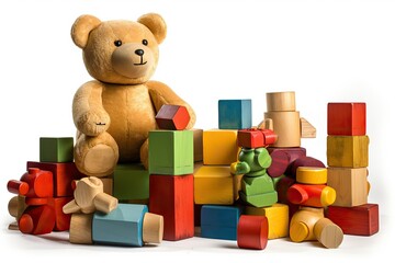Teddy bear sits among building blocks and other toys