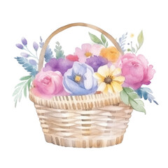 Fototapeta na wymiar Watercolor summer flowers in basket. Illustration AI Generative.