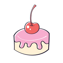 Small pastry cake dessert with a red sweet maraschino cherry isolated cartoon vector illustration