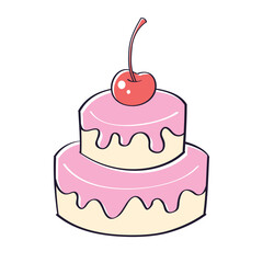 Big cake with a red sweet maraschino cherry isolated cartoon vector illustration