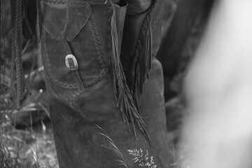 Western cowboy chaps for lifestyle closeup in black and white