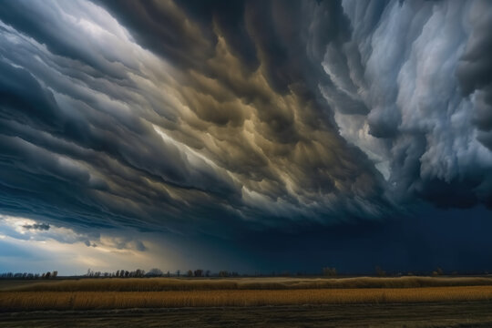Dramatic asperatus clouds in the sky created with generative AI technology.