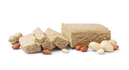 Sweet halva with peanuts on white background