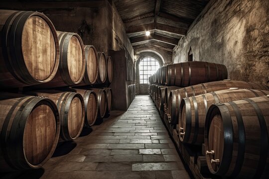 A Taste of Chianti: Oak Barrels Store and Age Italy's Finest Winery Wines and Whiskies in a Dark Storage Cellar, Generative AI