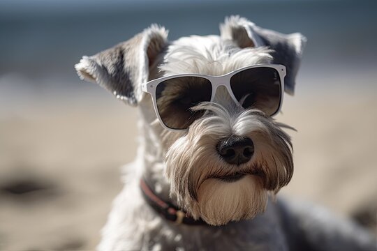 Cute Miniature Schnauzer Puppy, Wearing Sunglasses and Happy with the Beach. Generative AI