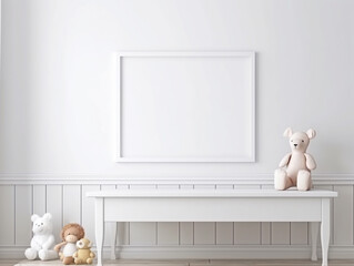 Horizontal big white frame mockup on wall with toys and table. Empty print template for nursery room. Generative AI - 592779460