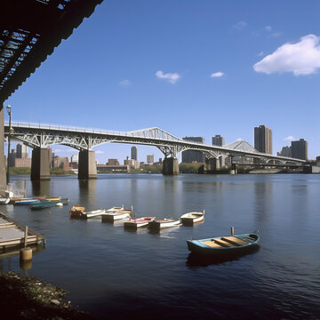 bridge spanning a river with boats passing underneath and the city skyline, made with AI