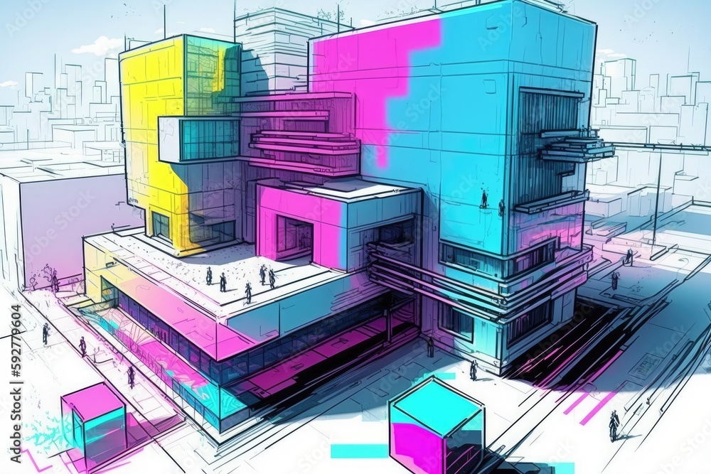 Poster idea for a future digital technology that combines digital pixels and neon-colored building blocks. 