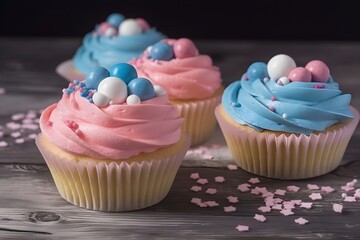 Blue and pink cupcakes on the table, close up view. Gender reveal party. Generative AI.