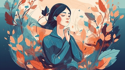 Obraz na płótnie Canvas Illustrated Beautiful Women Meditating in Nature made by Generative AI
