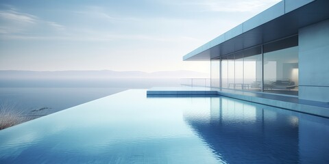 Fototapeta na wymiar minimalist villa with pool and ocean on horizon. .