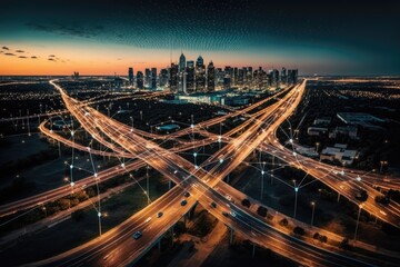 Fototapeta na wymiar aerial photo of the city skyline connected to the highway via a digital network. Generative AI