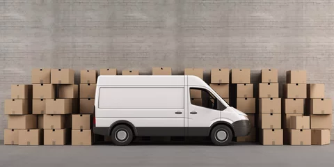 Fototapeten delivery or movers service van full of cardboard boxes for fast delivery and logistic shipments concepts with empty mockup copyspace area © Art is Magic