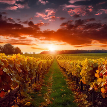 Sunset over a vineyard in autumn, made with AI
