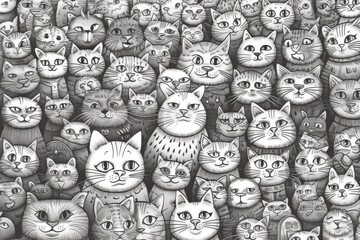 coloring sheet with many decorative cats that have been hand-drawn. Generative AI