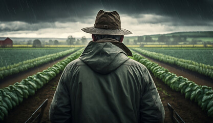 AI generated, Umwelt, Mann schaut auf Feld im Regen