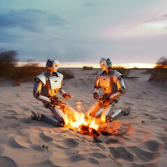 AI generated, Roboter knien am Lagerfeuer