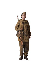 Obraz premium A woman in a retro military uniform, a soldier of the Soviet army during World War Two