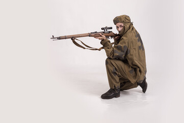 A woman in a retro military uniform, a soldier of the Soviet army during World War Two