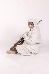 A woman in a winter military uniform white camouflage, a soldier of the Soviet army during World War Two