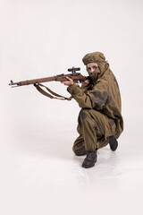 A woman in a retro military uniform, a soldier of the Soviet army during World War Two