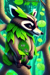 A breathtaking animated artwork featuring a fascinating creature combining the body of a raccoon with the head of a long-eared owl - generative ai
