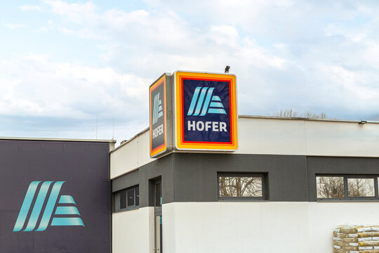 Graz, Austria - April 01th 2023: Branch logo sign of a Hofer filiale, a company group of aldi sued in austria