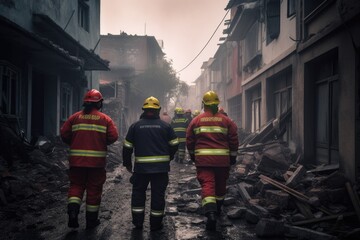 Fototapeta premium A fireman from the rescue team trying to help people after an earthquake or tornado in a devastated city in ruins. Generative ai