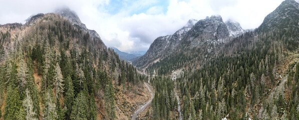  Aerial view on the canyon in the mountains on the border between Italy and Austria.