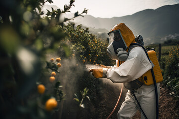 A farmer in protective gear spraying pesticides on crops, created with Generative AI technology - obrazy, fototapety, plakaty