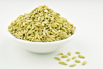 Saunf in bowl on white background, indian spice
