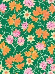 Deurstickers seamless floral pattern with beautiful orange and pink flowers on a green background. Great for textile and decoration in vintage style design © greiss design