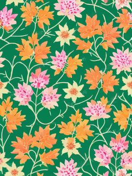 seamless floral pattern with beautiful orange and pink flowers on a green background. Great for textile and decoration in vintage style design